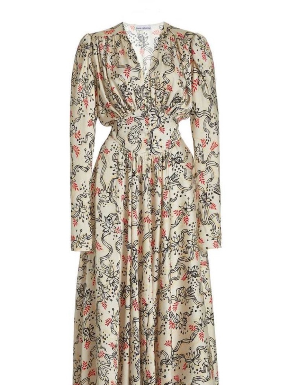 Paco Rabanne Floral Satin Maxi Dress Beige Black Red